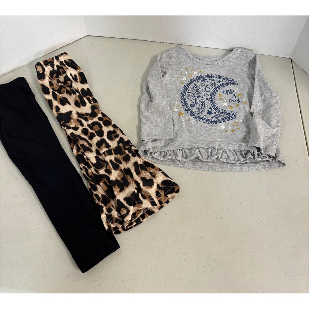 Toddler Girls Healthtex Moon Tee & Leggings Set Leopard Bell Bottoms‎ 4T 3pc